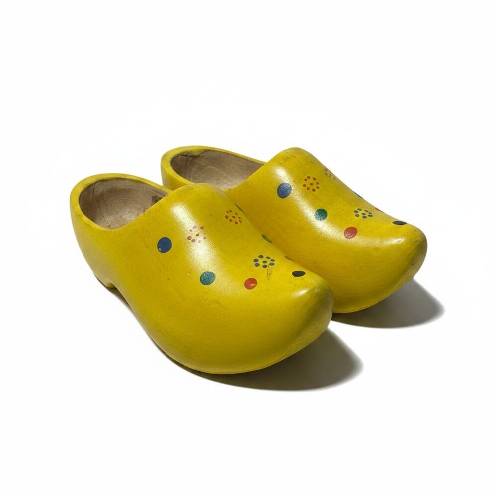 Vintage Hand Painted Dutch Wooden Clogs Shoes 31 Yellow Klompen Polka Dots